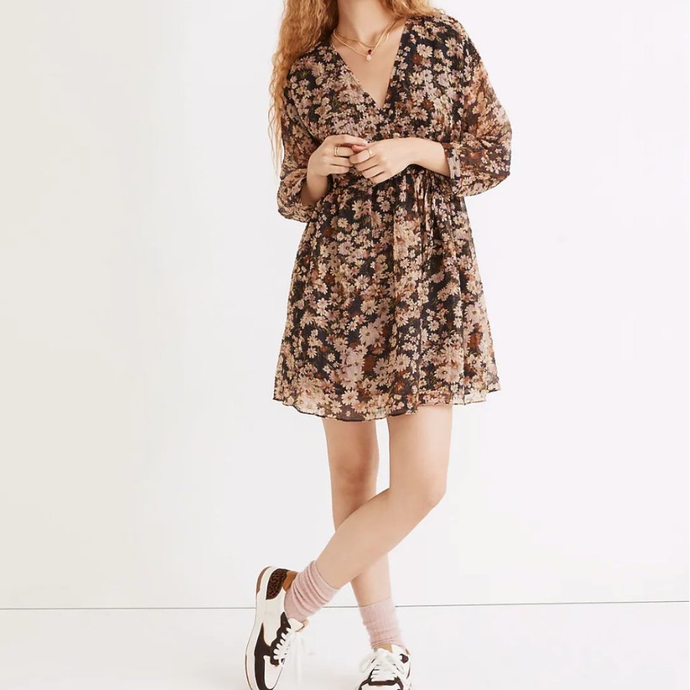 Madewell Drawstring Faux-Wrap Mini Dress in Daisy Reverie size XS